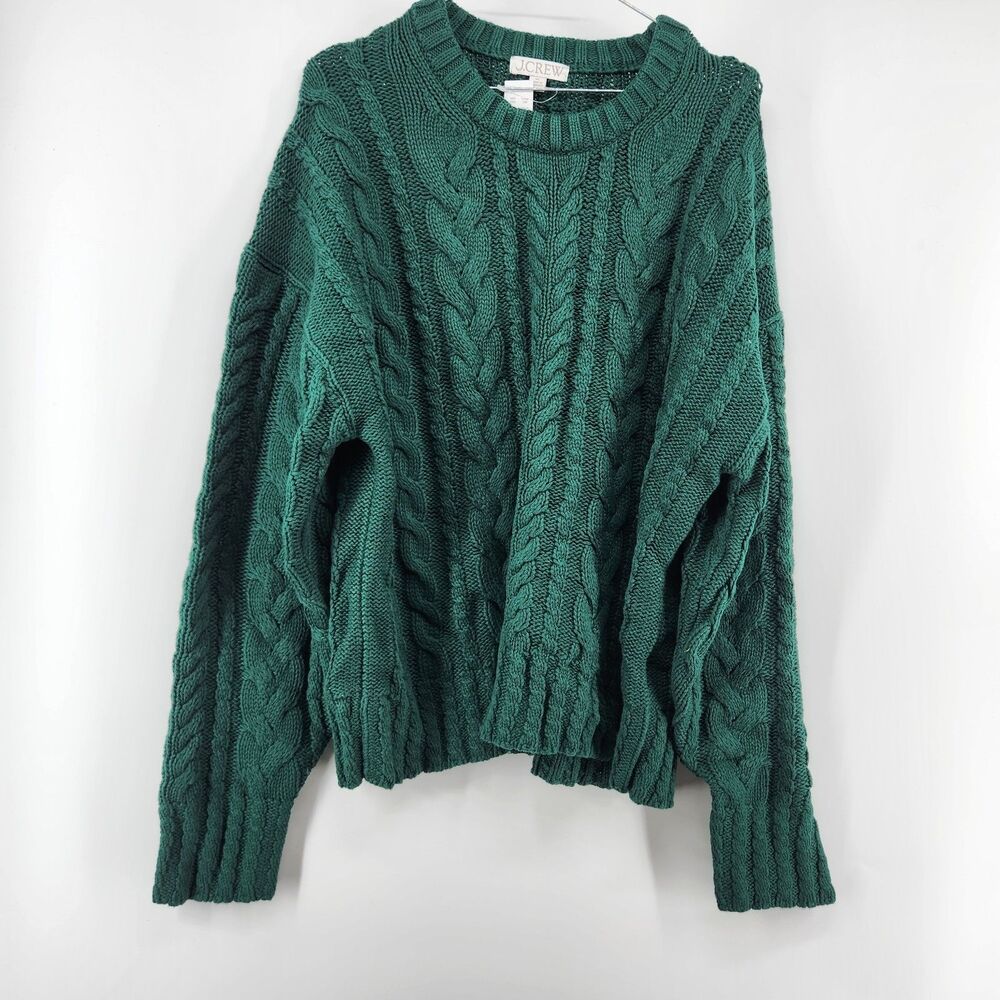 J.Crew‎ Women's Green XL 100% Cotton XL Cable Knit Crewneck Sweater NWT